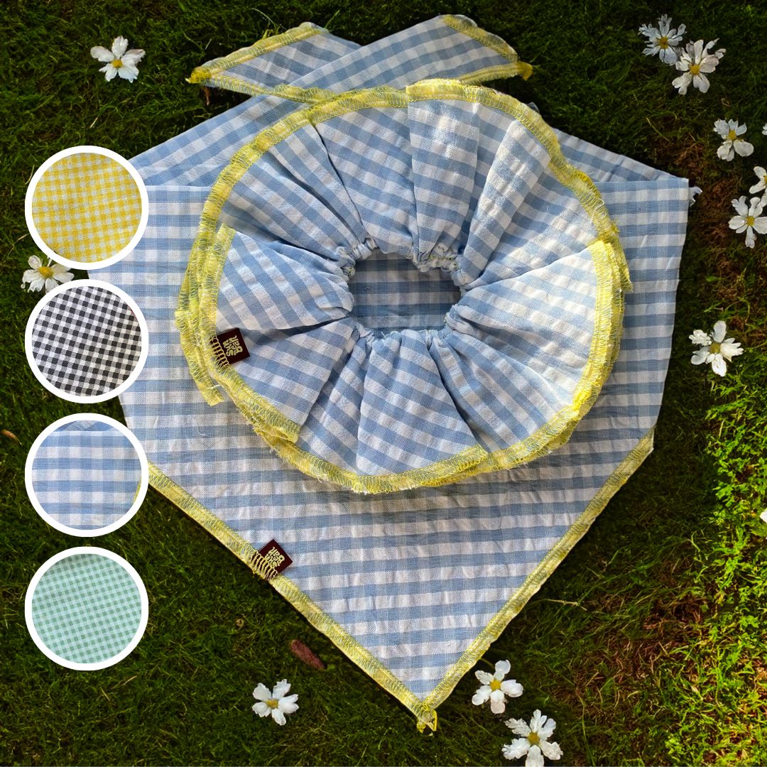 Gingham Bandana and Scrunchie Set Sunbean Blue M (25 x 15 in)