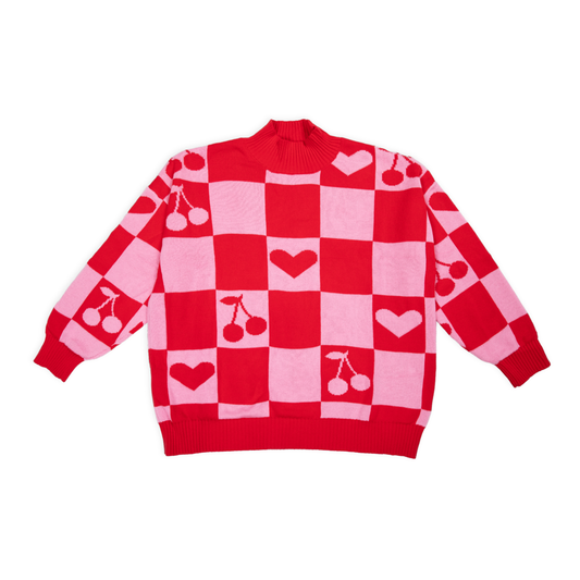 Sunbean Red and pink checkered sweater with heart and cherry patterns on a white background