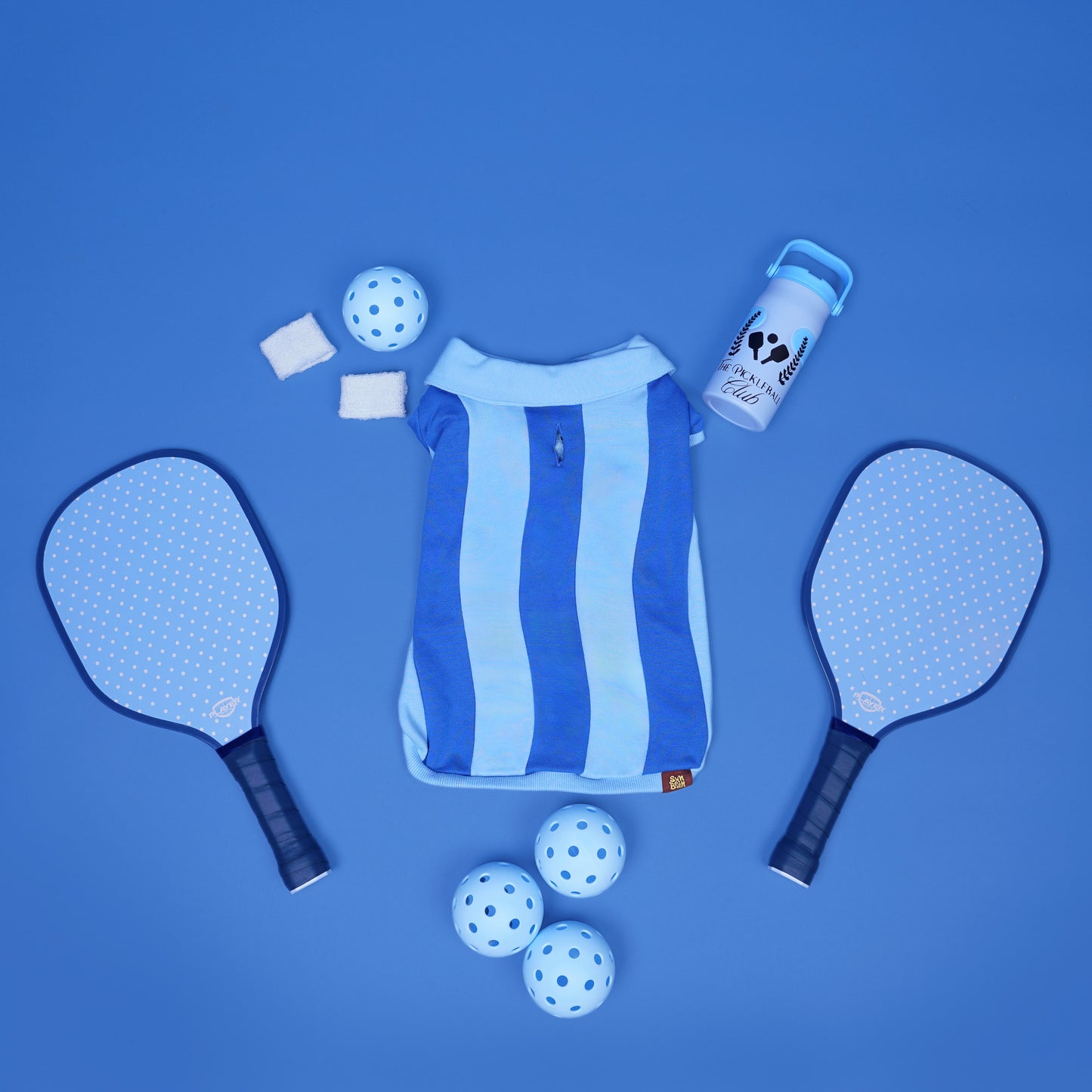 Blue and white sports equipment including paddles, balls, and a bag on a blue background