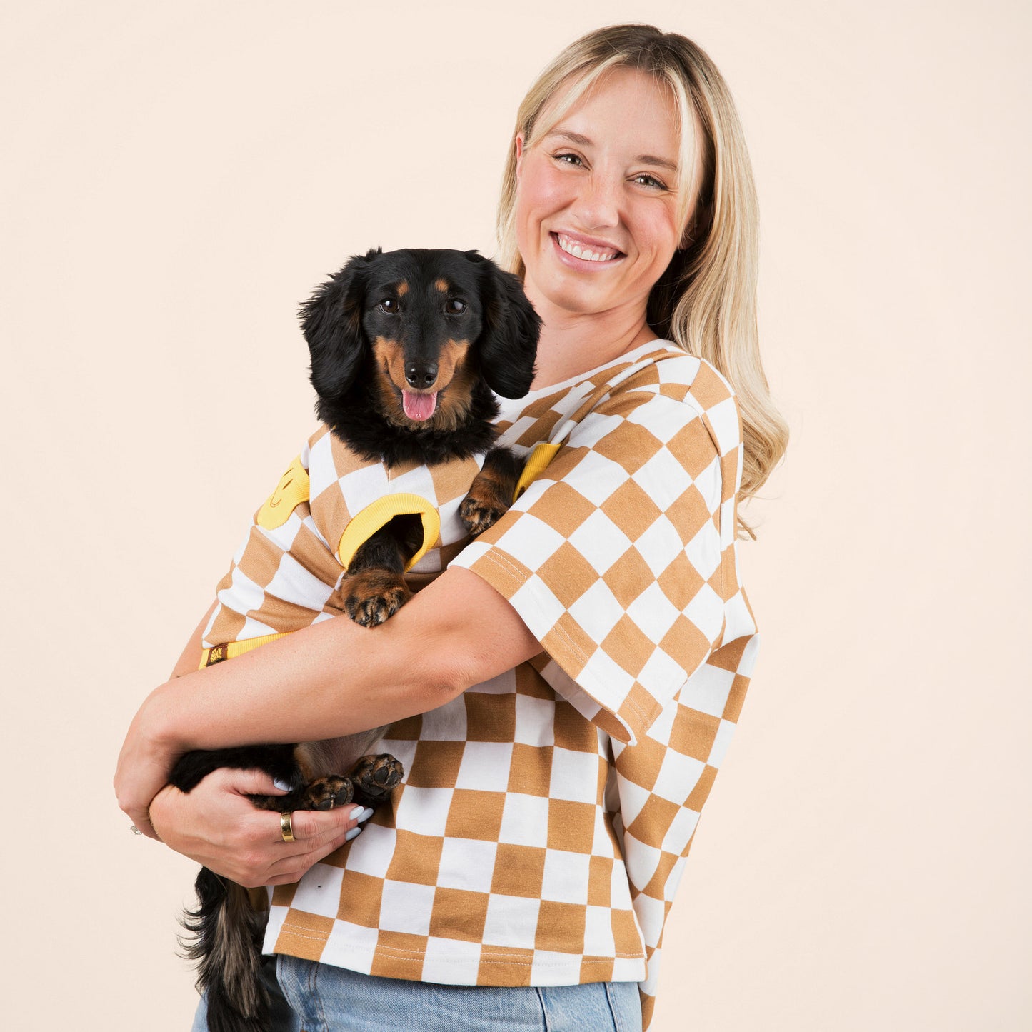Brown and white checkerboard matching dog and owner tee set | Sunbean