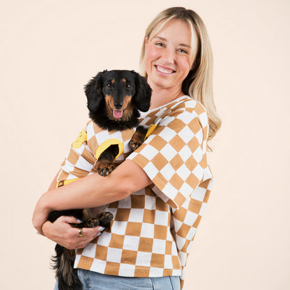 Brown and white checkerboard matching dog and owner tee set | Sunbean