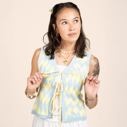 Seaside Swirl Human Cotton Knitted Tunic Vest with Tie Front Sunbean 
