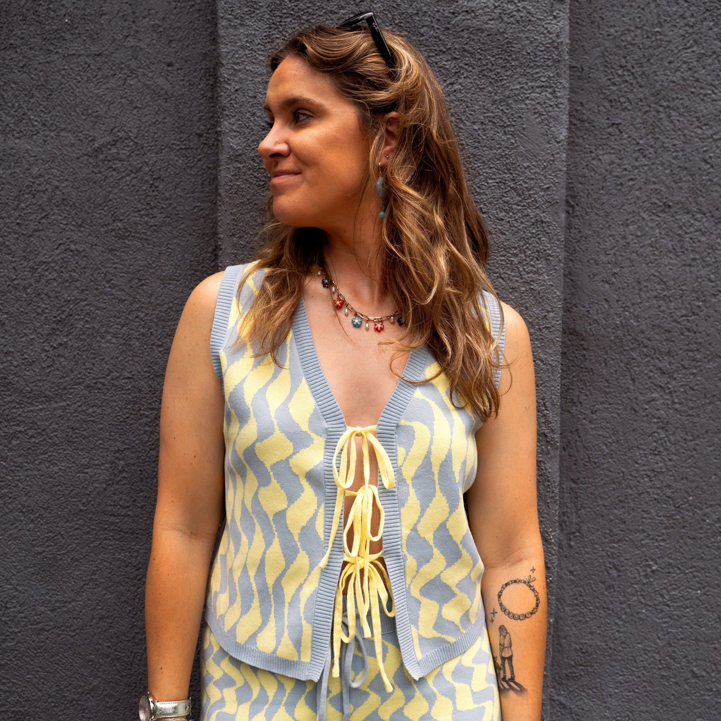 Seaside Swirl Human Cotton Knitted Tunic Vest with Tie Front Sunbean 