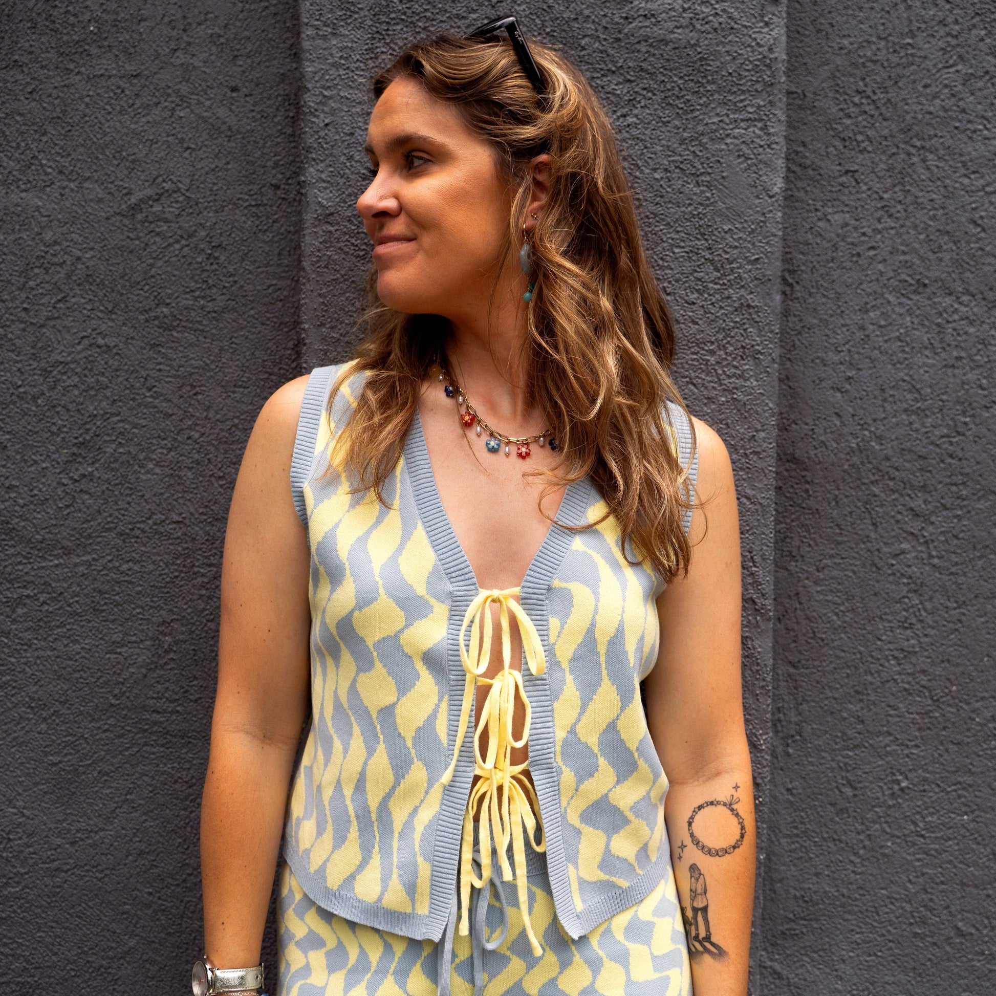 Seaside Swirl Human Cotton Knitted Tunic Vest with Tie Front Sunbean 