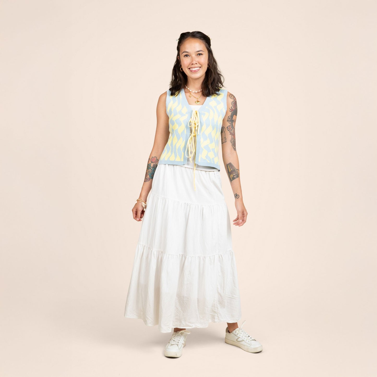 Seaside Swirl Human Cotton Knitted Tunic Vest with Tie Front Sunbean 