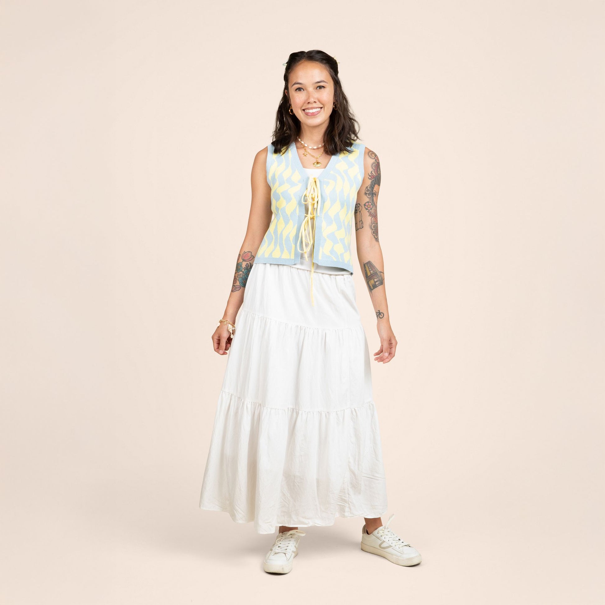 Seaside Swirl Human Cotton Knitted Tunic Vest with Tie Front Sunbean 