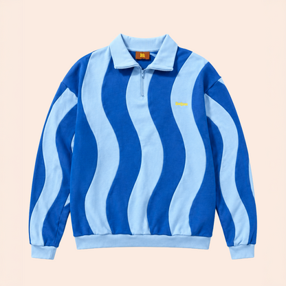 Navy and sky blue Sunbean striped quartert zip sweat shirt on a beige background